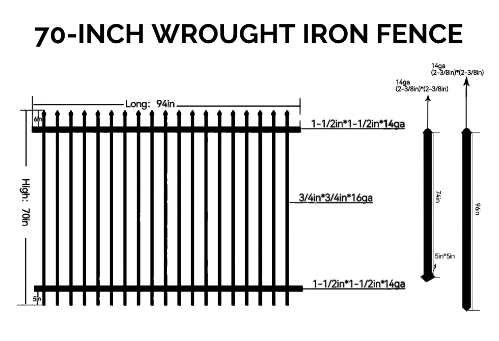 6 ft. Heavy Wrought Iron Fence Galvanized & Powder Coated - 6 ft x 8 ft panel (Spike Top)