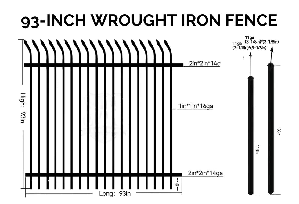 8 ft. Heavy Wrought Iron Fence Galvanized & Powder Coated - 8 ft x 8 ft Panel (Curve Spike)