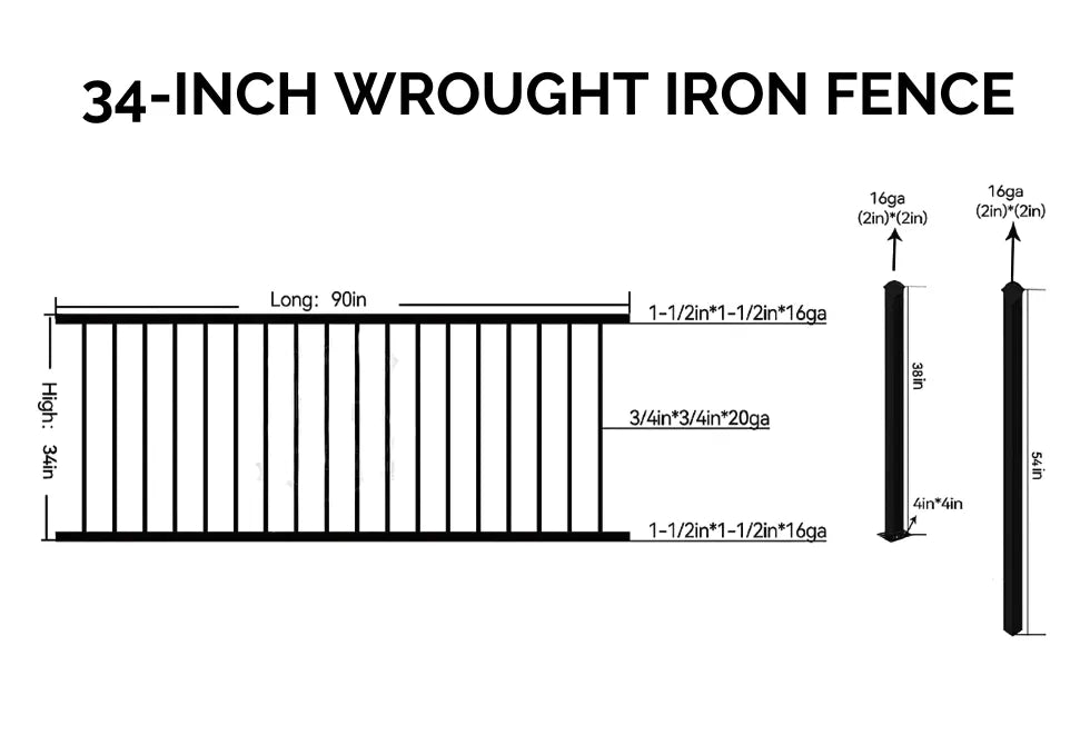 3 ft. Heavy Wrought Iron Fence Galvanized & Powder Coated 3 ft x 8 ft panel (Flat Top)