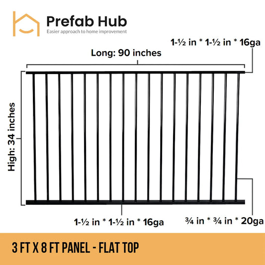 3 ft. Heavy Wrought Iron Fence Galvanized & Powder Coated 3 ft x 8 ft panel (Flat Top)