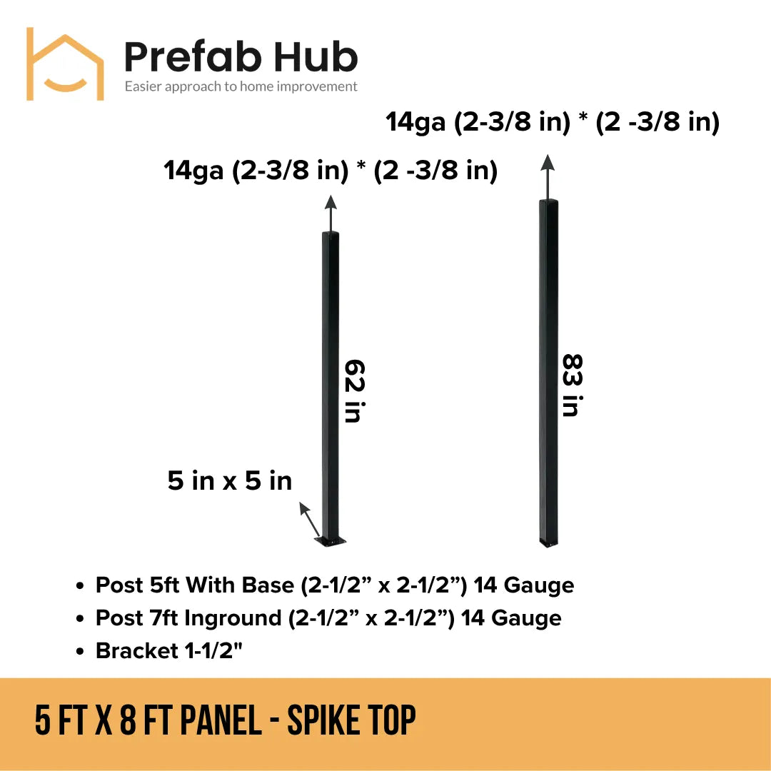 5 ft. Heavy Wrought Iron Fence Galvanized & Powder Coated - 5 ft x 8 ft panel (Spike Top)