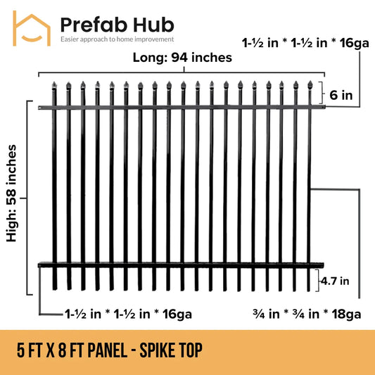 5 ft. Heavy Wrought Iron Fence Galvanized & Powder Coated - 5 ft x 8 ft panel (Spike Top)