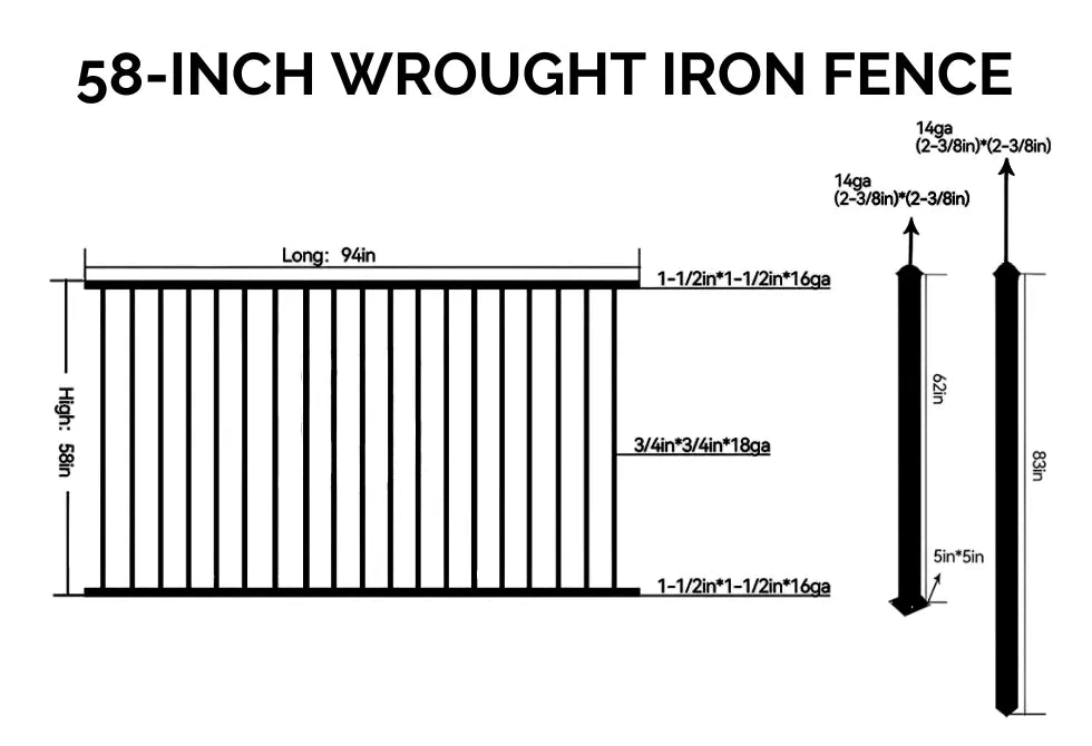 5 ft. Heavy Wrought Iron Fence Galvanized & Powder Coated - 5 ft x 8 ft panel (Flat top)