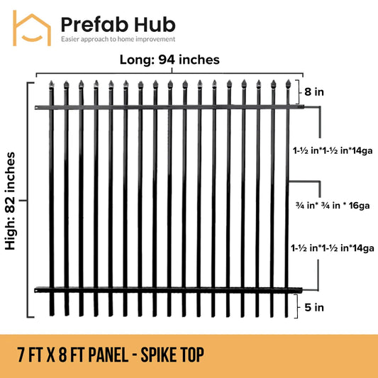 7 ft. Heavy Wrought Iron Fence Galvanized & Powder Coated - 7 ft x 8 ft panel (Spike Top)