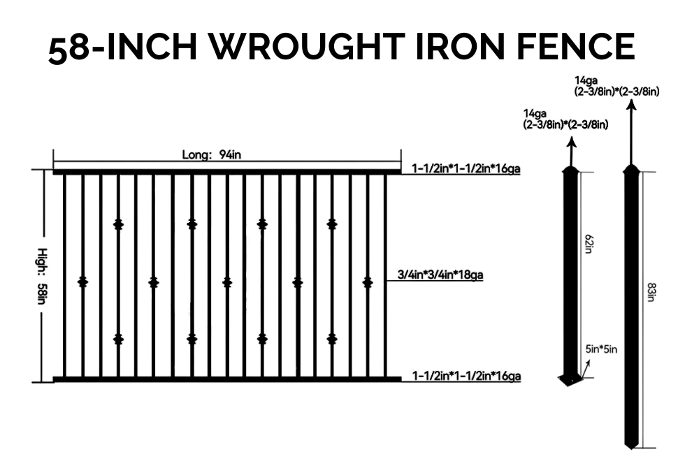 5 ft. Heavy Wrought Iron Fence Galvanized & Powder Coated - 5 ft x 8 ft Panel (Knuckle design)