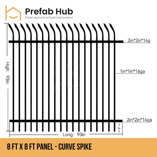 8 ft. Heavy Wrought Iron Fence Galvanized & Powder Coated - 8 ft x 8 ft Panel (Curve Spike)