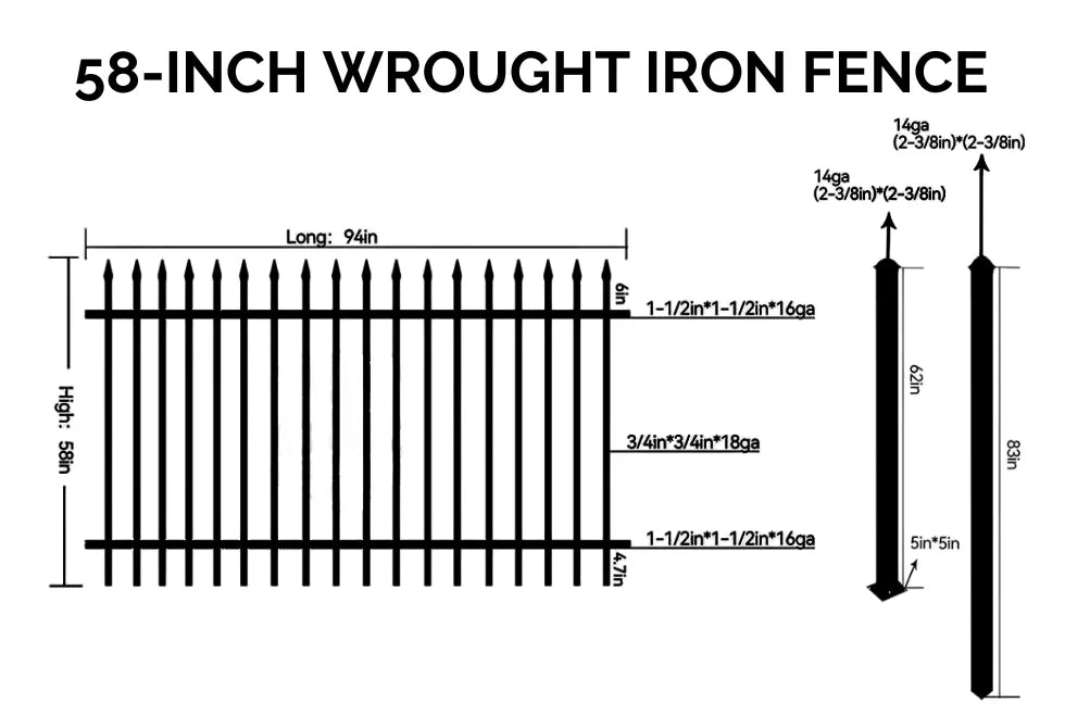 5 ft. Heavy Wrought Iron Fence Galvanized & Powder Coated - 5 ft x 8 ft panel (Spike Top)