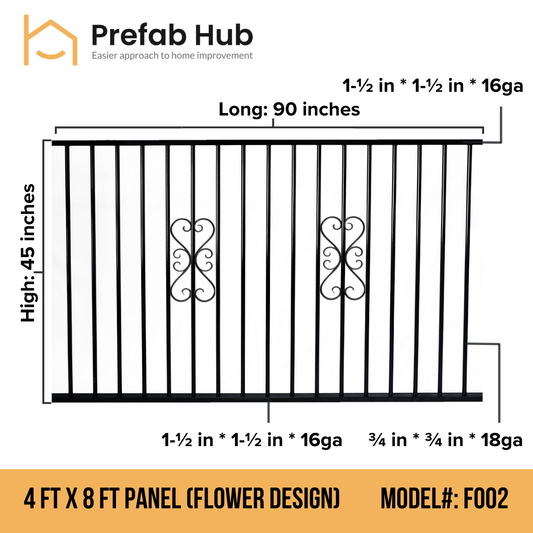 4 ft. Heavy Wrought Iron Fence Galvanized & Powder Coated - 4 ft x 8 ft Panel (Flower Design)