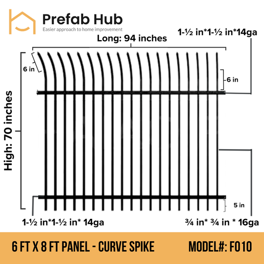 6 ft. Heavy Wrought Iron Fence Galvanized & Powder Coated - 6 ft x 8 ft Panel (Curve Spike)