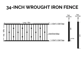 3 ft. Heavy Wrought Iron Fence Galvanized & Powder Coated 3 ft x 8 ft panel (Knuckle Design)