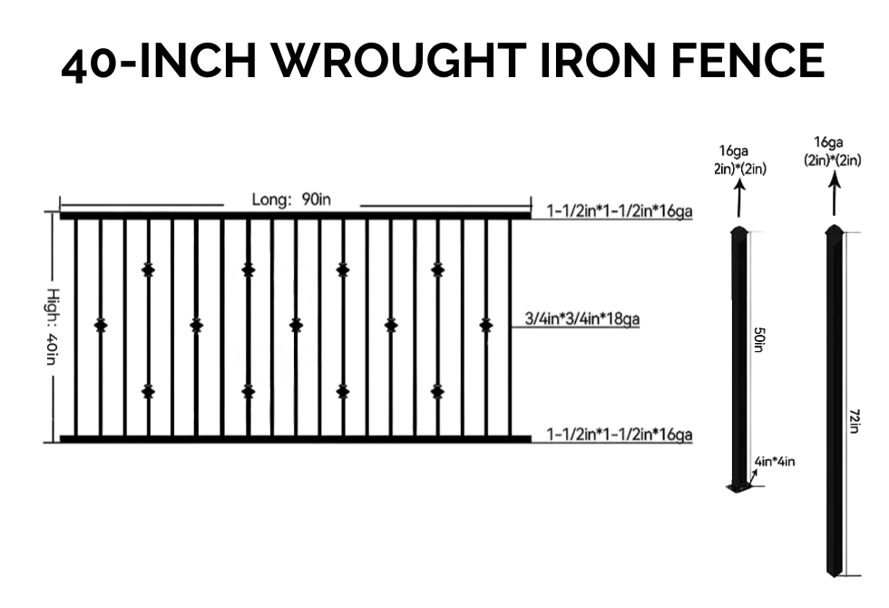 4 ft. Heavy Wrought Iron Fence Galvanized & Powder Coated - 4 ft x 8 ft Panel (Knuckle design)