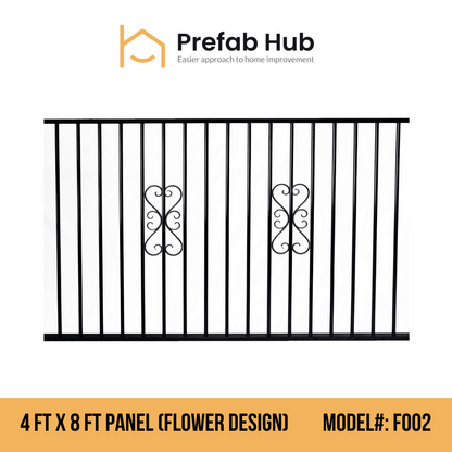 4 ft. Heavy Wrought Iron Fence Galvanized & Powder Coated - 4 ft x 8 ft Panel (Flower Design)
