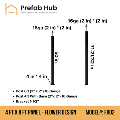 4 ft. Heavy Wrought Iron Fence Galvanized & Powder Coated - 4 ft x 8 ft Panel (Flower Design)