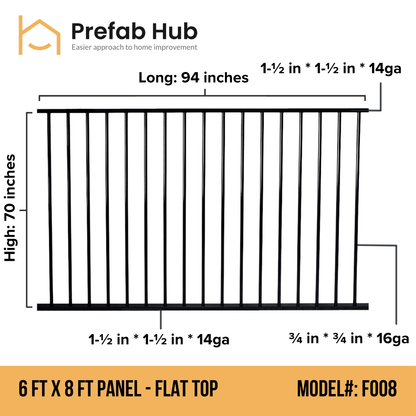 6 ft. Heavy Wrought Iron Fence Galvanized & Powder Coated - 6 ft x 8 ft panel (Flat top)